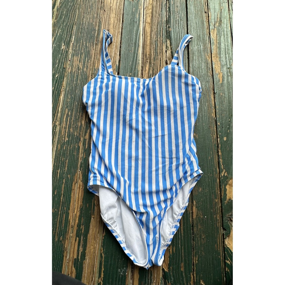Time and Tru Blue White Striped One Piece Swimsuit Seersucker Medium 8-10